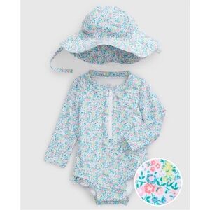 Baby Gap Easter Pastel Floral One Piece Swimsuit Swim Hat Set 0-6M Rashguard NWT